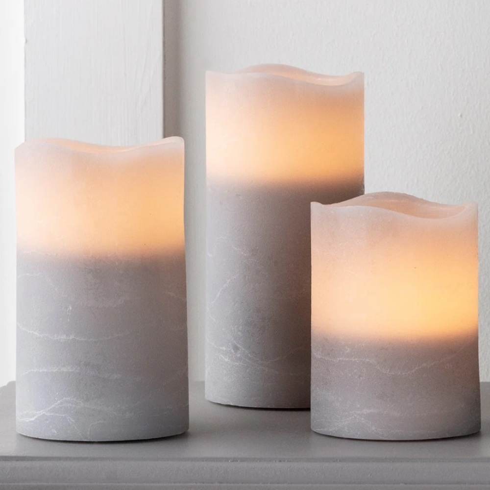 *New, Set of Three Gray Marble-Patterned Wax Flameless Candles